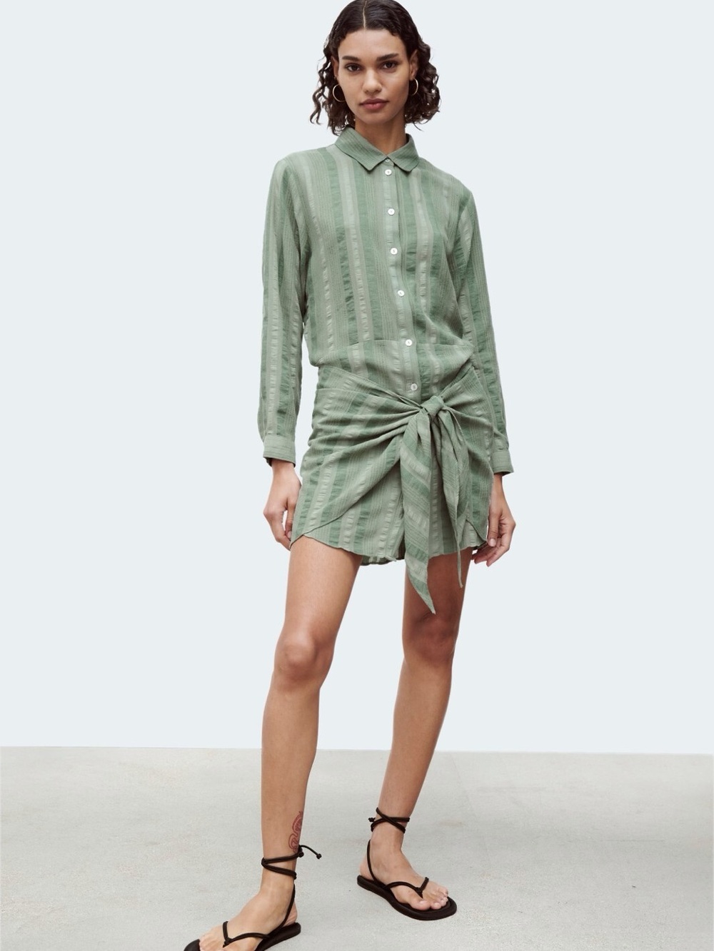 Zara Green Striped Button-Front Tie-Waist Shirt Dress